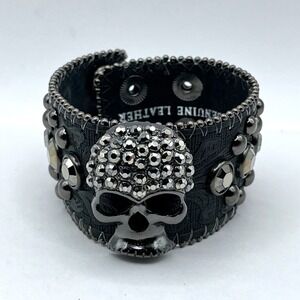 VTG Genuine Leather Skull Cuff Bracelet Rhinestone Studded Goth Punk Rock Biker